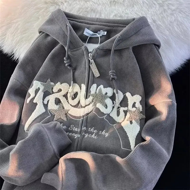 Embroidered "TROUBLE" Zip-Up