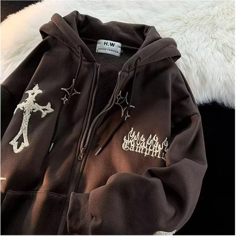 Embroidered Cross Zip-Up