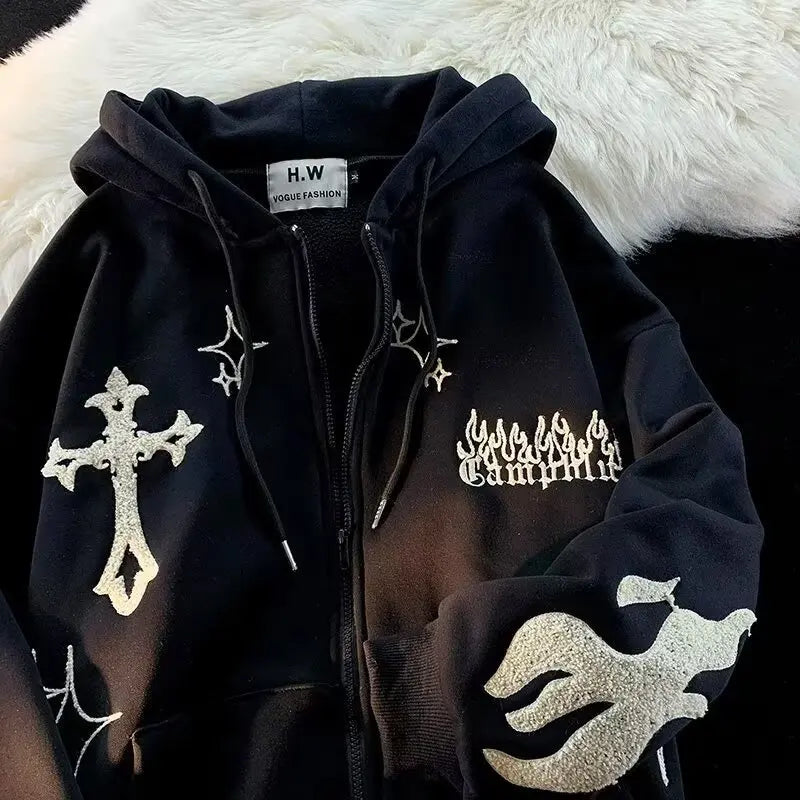 Embroidered Cross Zip-Up